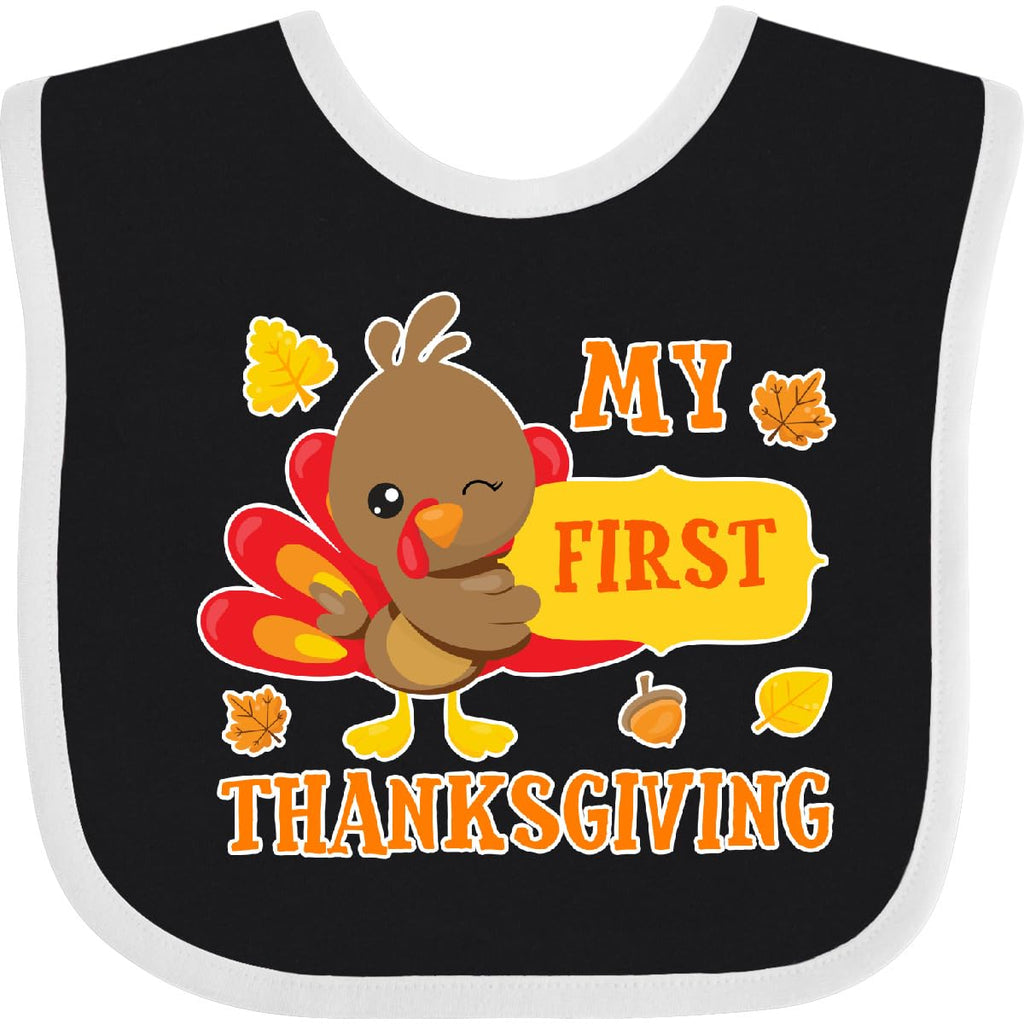 inktastic My First Thanksgiving with Turkey and Leaves Baby Bib, Black and White