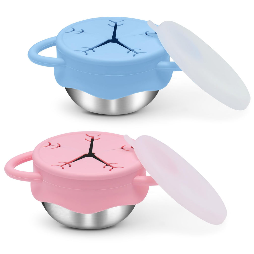 2 Pack Toddler Snack Containers –13.5oz Food Grade Stainless Steel Snack Cups for Toddlers Spill Proof with Snowflake Silicone Lids & Handles, Baby Snack Containers, Dishwasher Safe Toddler Snack Cups