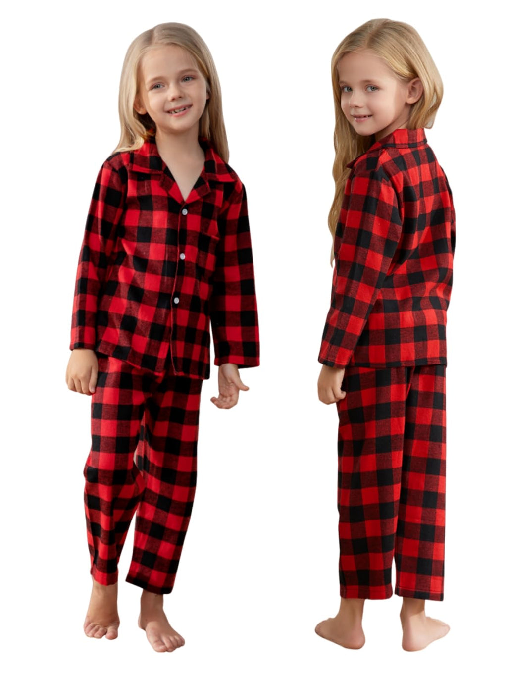 Schbbbta Kids Christmas Pajamas Set Boys Girls 2 Piece Button Down Sleepwear Pjs, Black Red, 9-10 Years=Tag 150