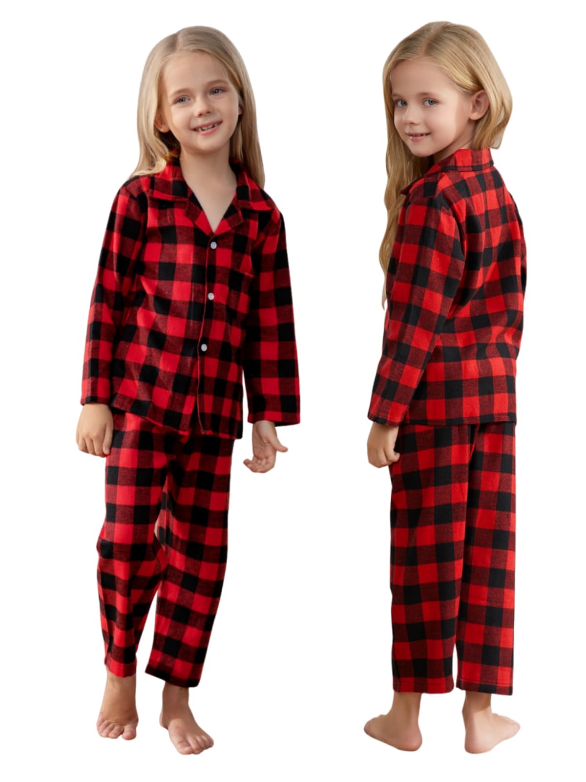 Schbbbta Kids Christmas Pajamas Set Boys Girls 2 Piece Button Down Sleepwear Pjs, Black Red, 9-10 Years=Tag 150