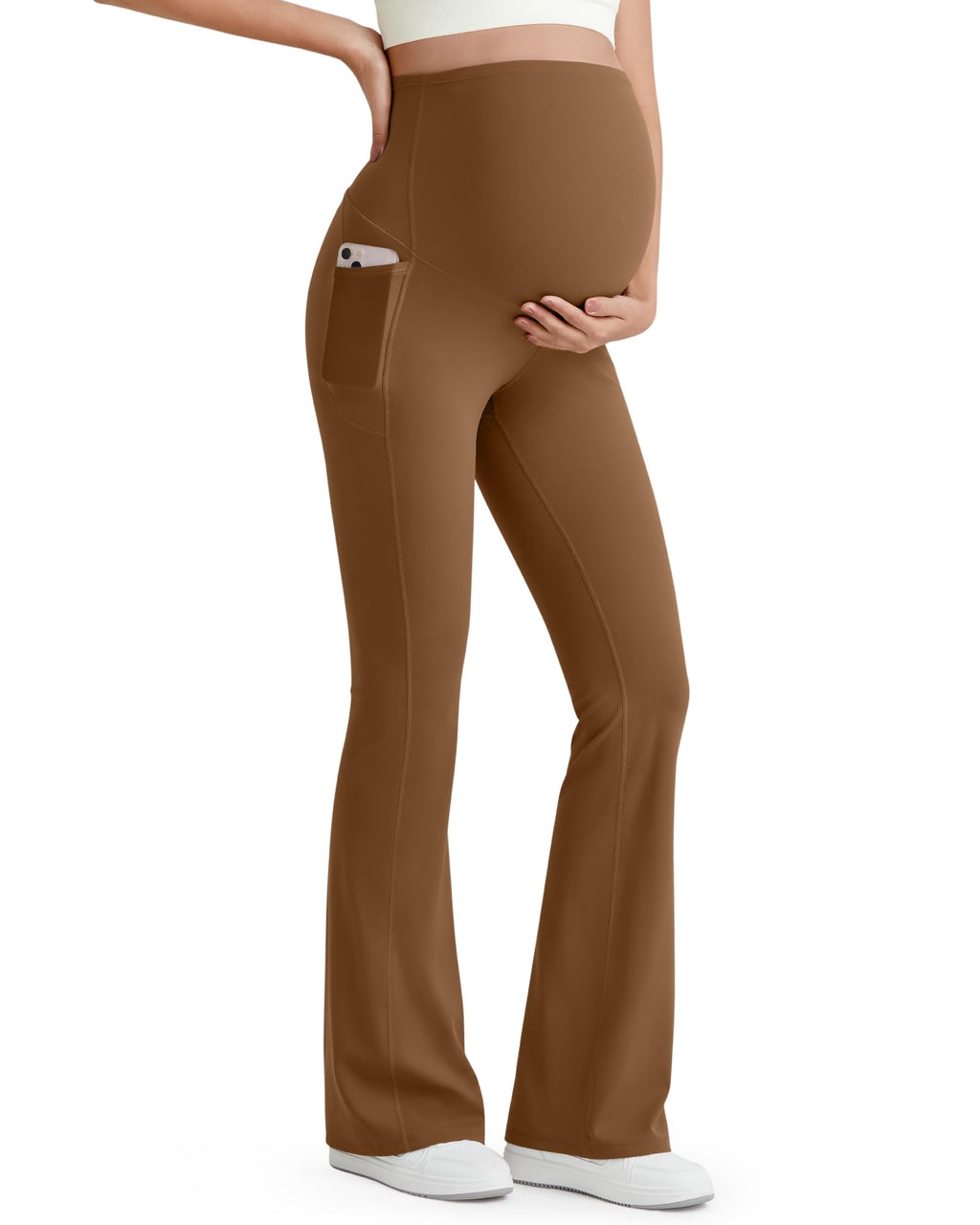 G4Free Maternity Lounge Pants Flare Leggings Stretchy,Dark Coffee,M,Short