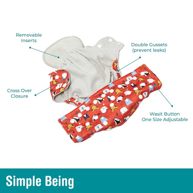 Simple Being Reusable Cloth Diapers- One Size Adjustable, Washable Soft Absorbent, Waterproof Cover, Eco-Friendly Unisex Baby Girl Boy, six 4-Layers Microfiber Inserts (Whimsical)