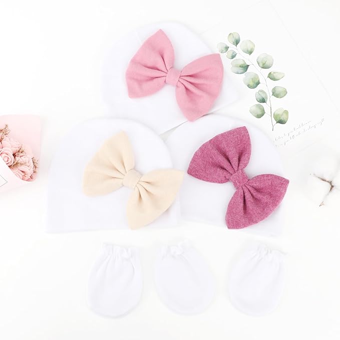 BQUBO Newborn Baby Girls Hats Mittens Set Hospital Hat Beanie Infant Bow Hats Baby Cotton Gloves for 0-6 Months