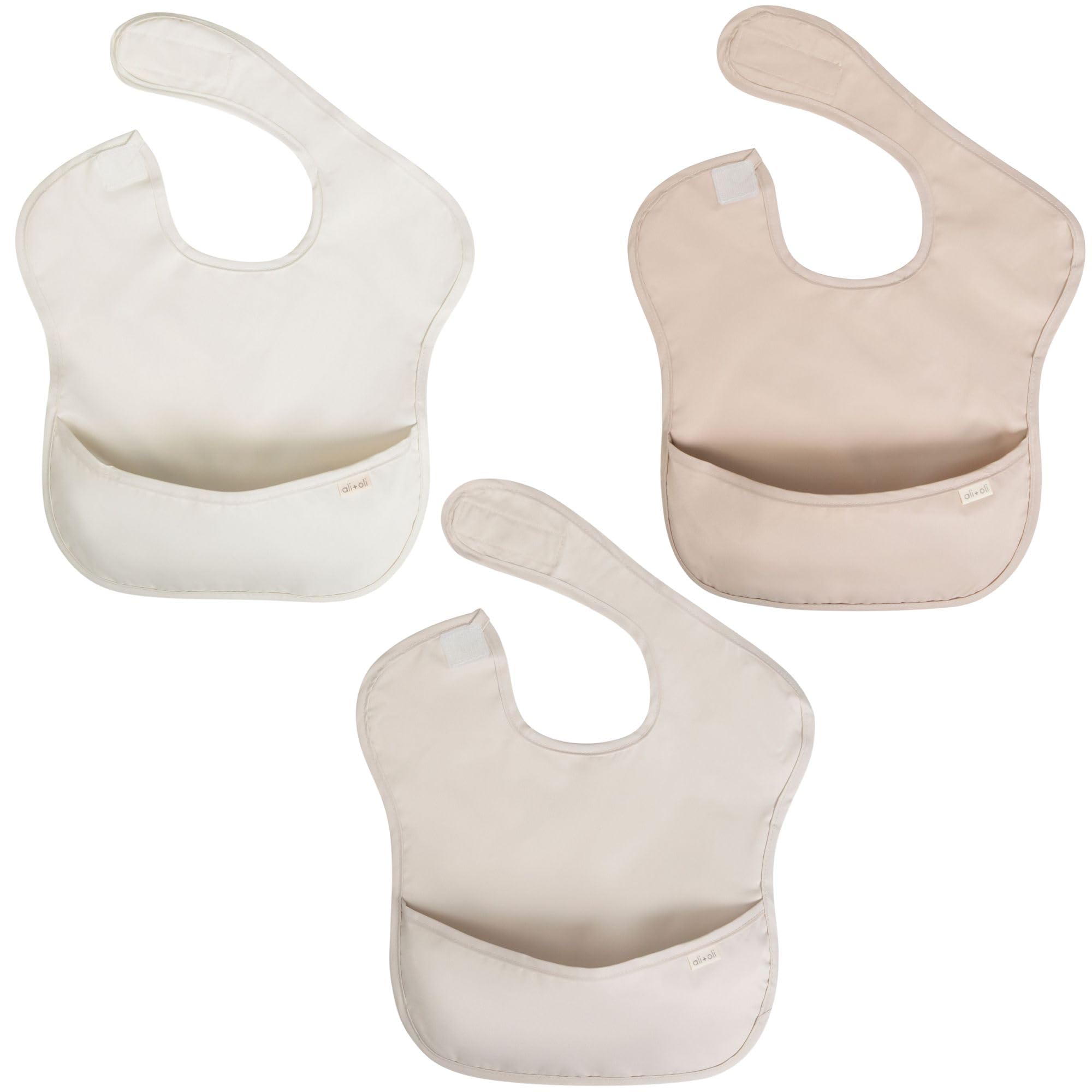 Ali+Oli Smock Bib for Baby (3-pc) Sleeveless Set (Neutral) BPA-Free Oeko-Tex Certified, Mess Proof Baby Bib for Eating, Waterproof Baby Smock, Machine Washable, Toddlers Ages 6m+