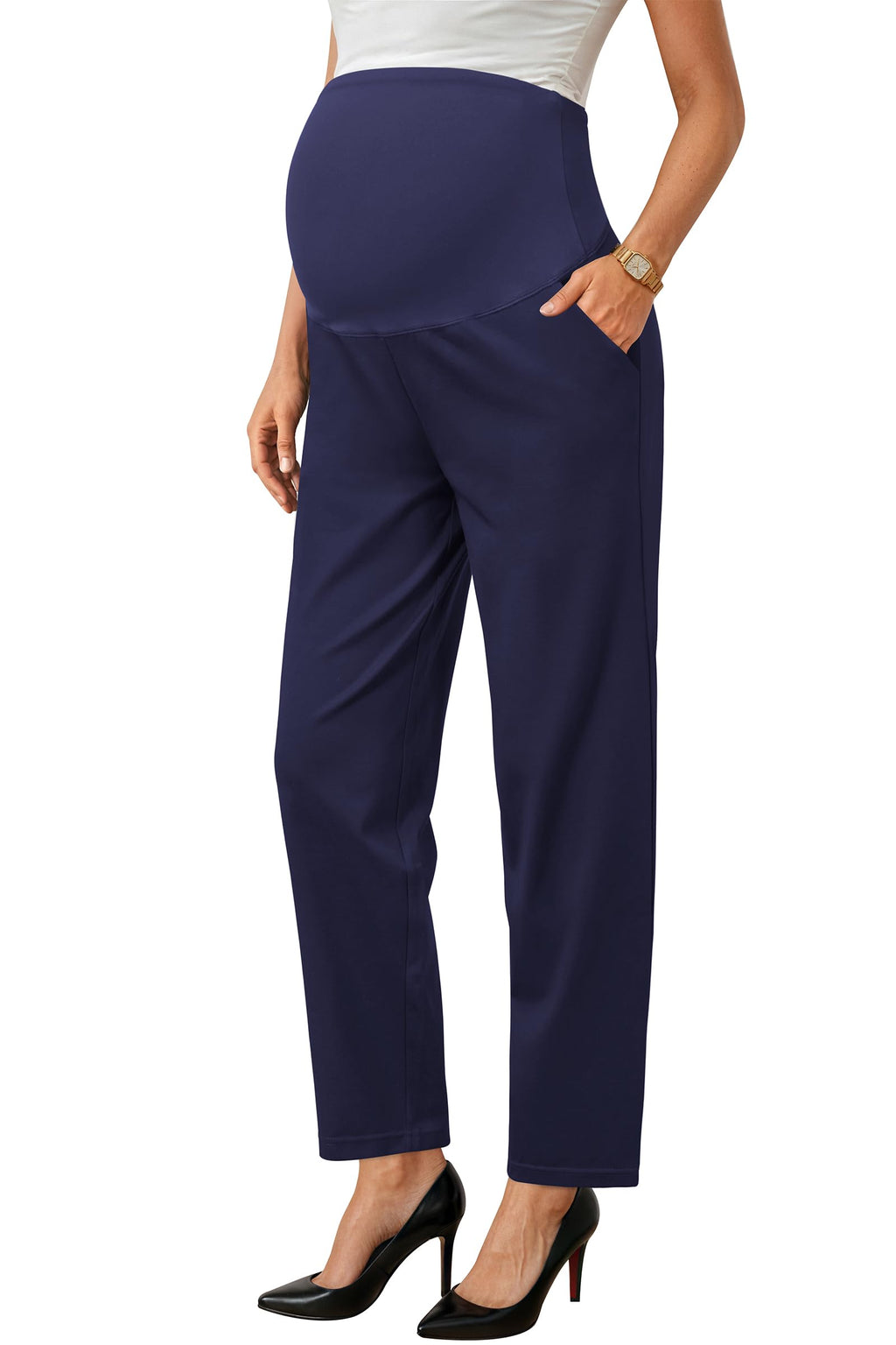 OUGES Women's Stretchy Over Belly Straight Leg Maternity Pants(Navy,XXL)