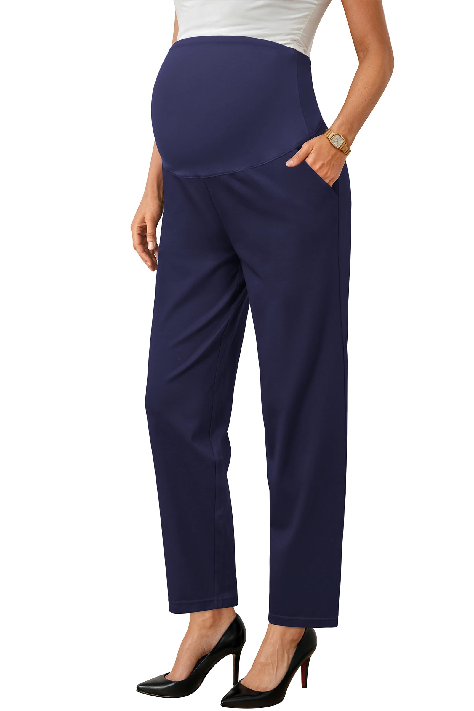 OUGES Women's Stretchy Over Belly Straight Leg Maternity Pants(Navy,XXL)