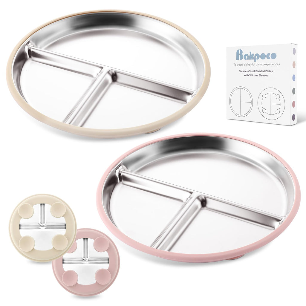 Bakpoco 9" Stainless Steel Divided Toddler Plates with Removable Suction