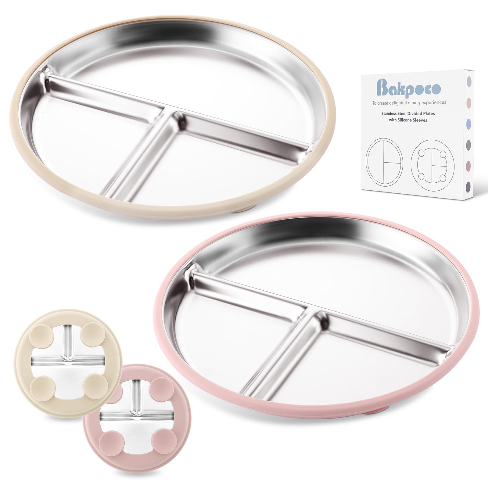 Bakpoco 9" Stainless Steel Divided Toddler Plates with Removable Suction