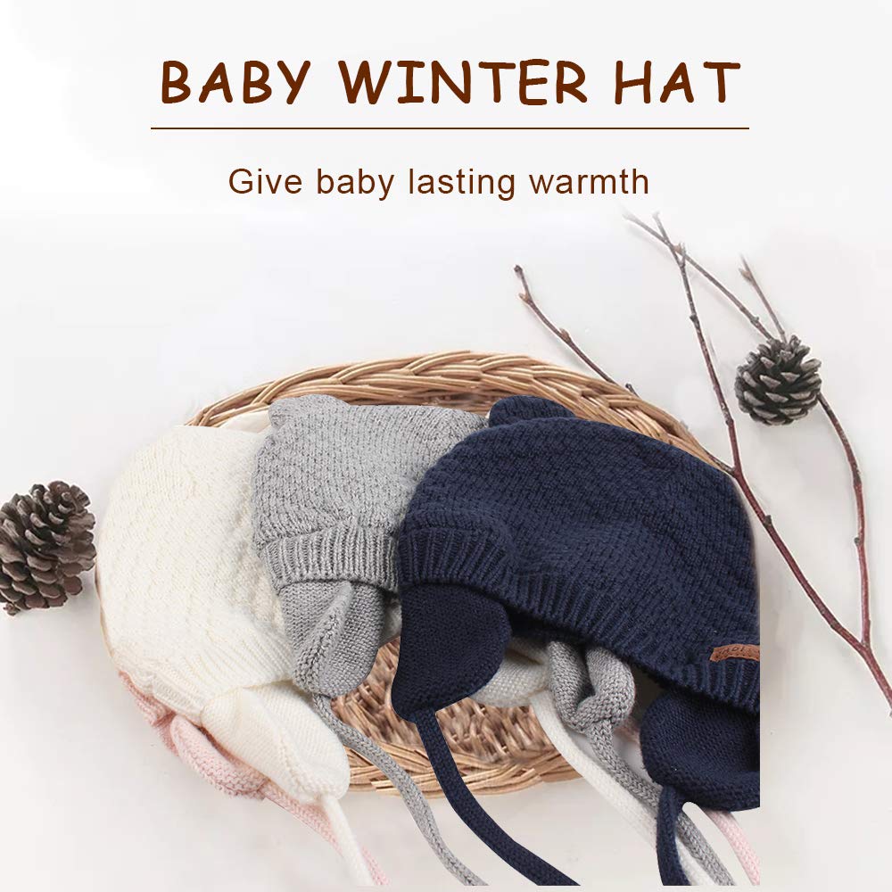 BAVST Baby Toddler Winter Beanie Warm Boys Girls Earflap Hat Infant Knit Caps Cute Bear Soft Cotton Lining for 0-36M(Grey-Dark,M)