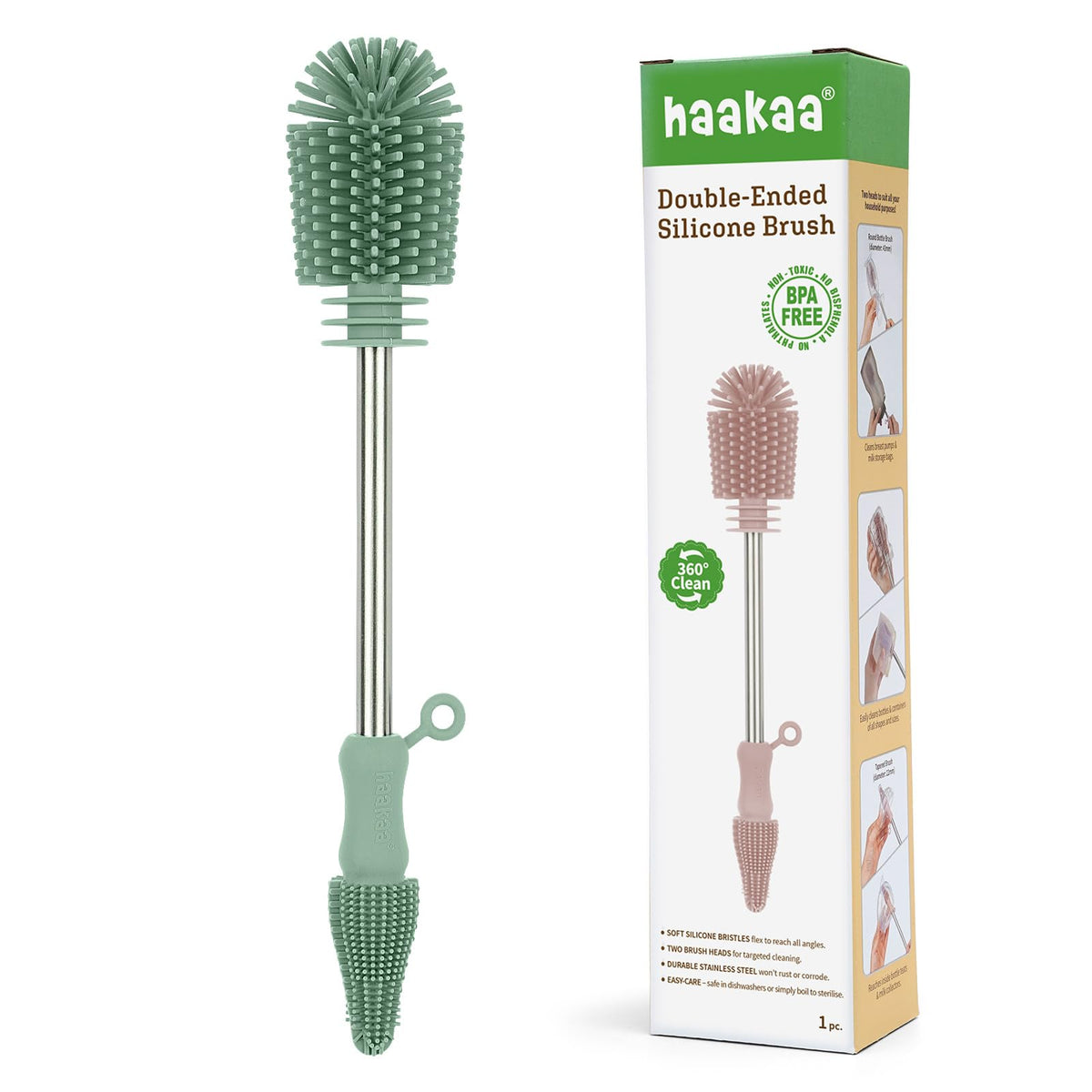 haakaa Silicone Cleaning Brush Kit - SUVA Grey - Bottle Brush for Breast Pumps, Breast Milk Collector, Baby Bottles, Nipples, Breastmilk Storage Bags