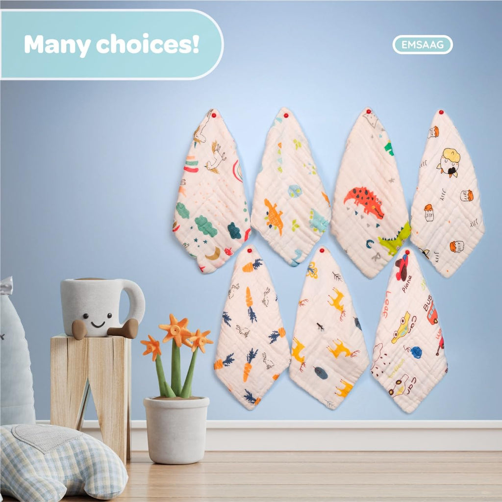 EMSAAG Muslin Baby Washcloths Pack of 7-Soft Sweat Cloths for Newborn,Absorbent Baby Bath and Face Towels,100% Cotton Baby Wipes,Burp Cloths,Feeding Towels for Babies and Infants,Mix Pattern-10 x 10’’