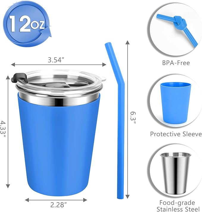Kids Cups with Lids and Straws, 12oz Toddler Tumblers with Straws and Lids Spill Proof Cup for Kids Stainless Steel Sippy Cups for School, Outdoor, 6 Pack