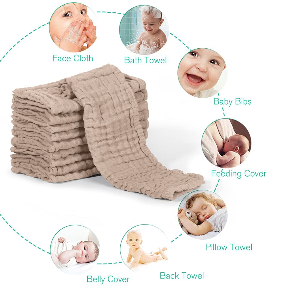 Yoofoss Muslin Burp Cloths for Baby 10 Pack 100% Organic Cotton Baby Washcloths for Boys Girls Large 20''X10'' Super Soft and Absorbent Brown