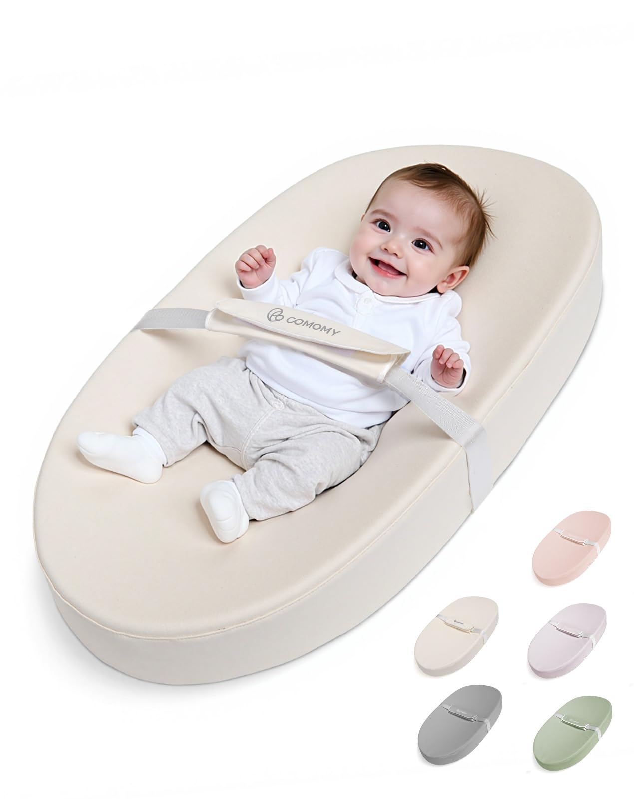 COMOMY Baby Changing Pad with Wipeable & Waterproof PU Cover, Contoured Diaper Changing Pad for Dresser with Non-Slip Safety Belt, Portable and Lightweight, Large Cushioned Foam, Beige