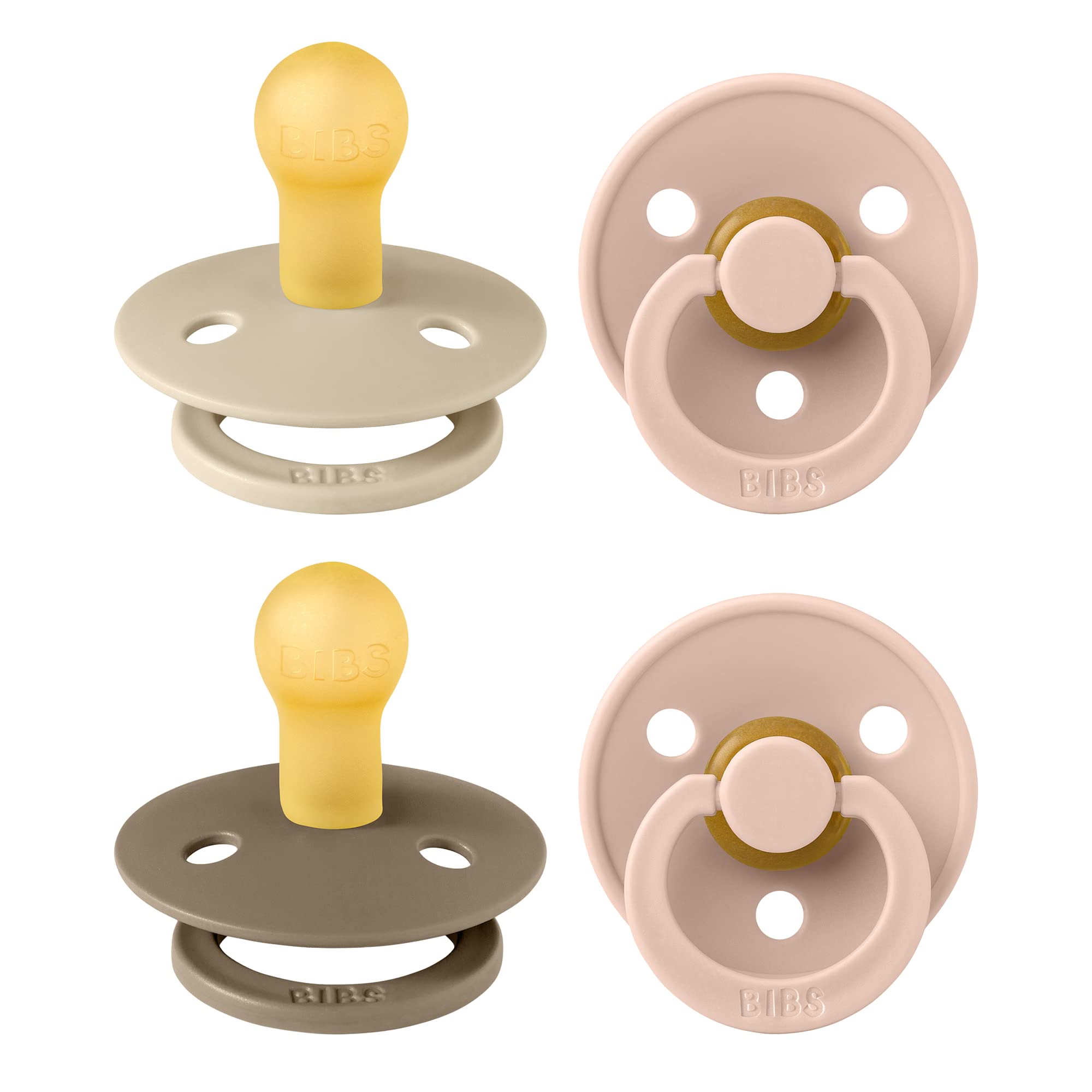 BIBS Pacifiers - Color 4 Pack | Round Nipple Baby Pacifier | BPA Free Natural Rubber Latex Soother | Made in Europe | Size 0-6 Months | Pink Colors