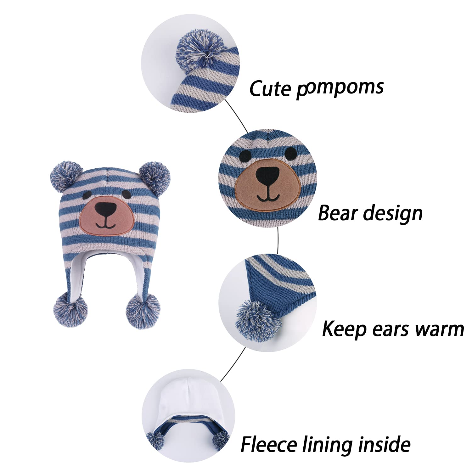 LANGZHEN Toddler Kids Infant Winter Hat,Earflap Knit Warm Cap Fleece Lined Beanie for Baby Boys Girls (Bear-Blue+Grey, 12-24 Months)