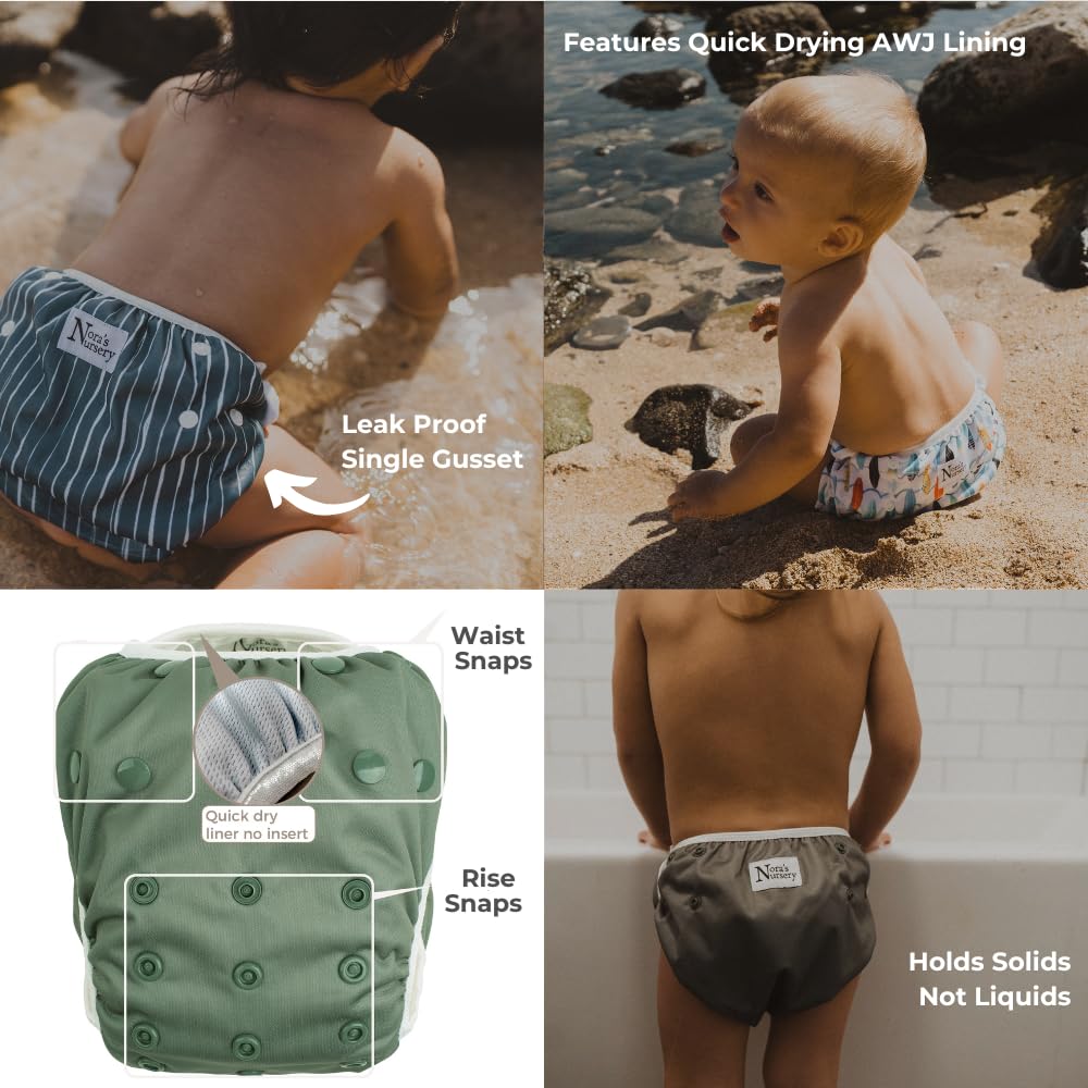 Nora's Nursery Reusable Swim Diapers and Wet Bag - One Size Fully Adjustable - Hamptons Unisex 3 Pack with Wet Bag