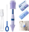 Travel Bottle Brush, 6-in-1 Portable Travel Bottle Cleaner Kit with Small Bottle Brush Built in Drying Rack, Nipple Brush, Straw Brush, Soap Dispenser, for Baby Bottles Under 8 OZ, BPA-Free(Purple)