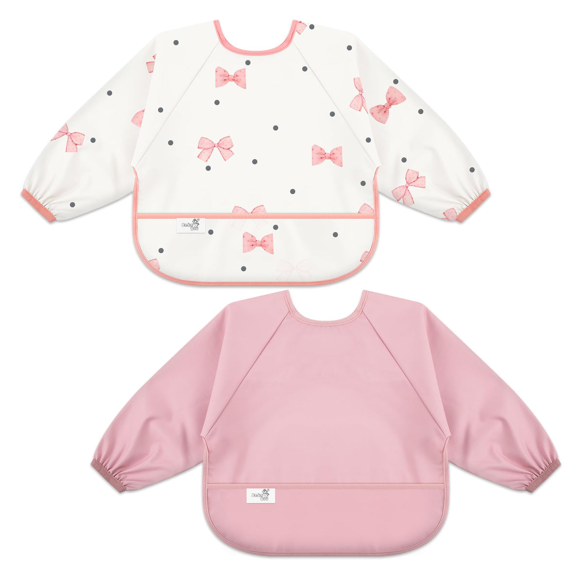BebeBiu Long Sleeve Baby Bib, Waterproof Fabric, Full Coverage with Catch-All Pocket, Baby Smock Bib, Adjustable Sleeves Toddler bib for Ages 6-24 Months (Bows Blush, Small 6-24 Months)