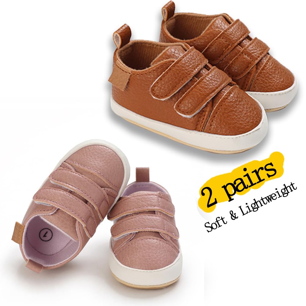 eitwo 2Pairs Baby Shoes,Boys Girls Non-Slip Rubber Sole Sneakers,Unisex Infant Soft Lightweight First Walking Crib Shoes (2Pairs_Brown+Pink,6-12 Months)