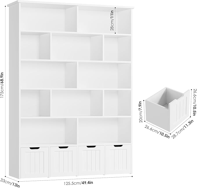 FINETONES 69" H Toy Storage Organizer, 6 Tier Tall Kids Bookshelf with 4 Movable Drawers and 12 Storage Cubbies, 49.4" W Toy Organizers and Storage Organizer Playroom Storage for Kids Room
