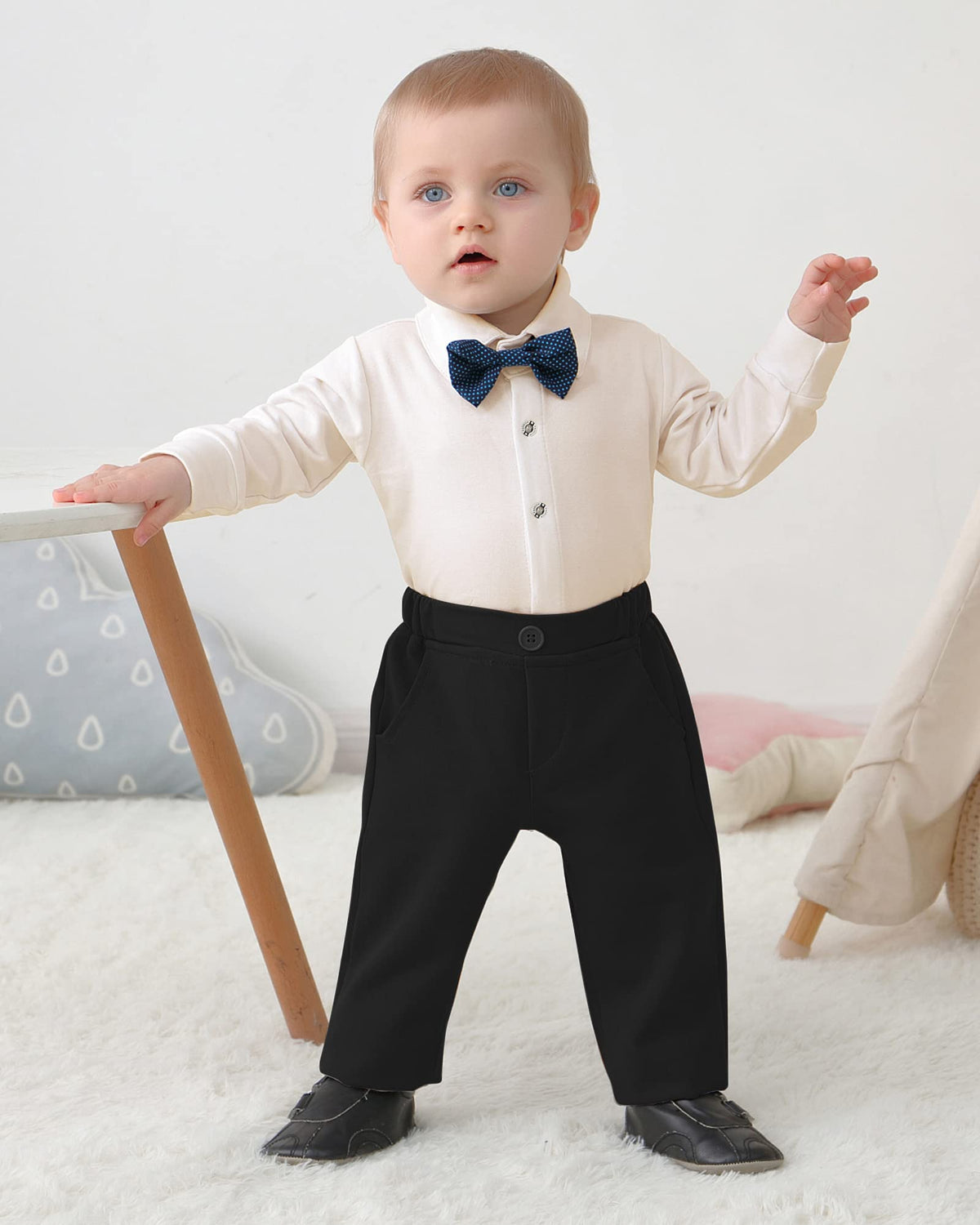 DISAUR Suit for Baby Boy Ring Bearer Outfit Long Sleeve Infant White Shirt Gray Vest Pants Bow Tie 1t 12 18 Months
