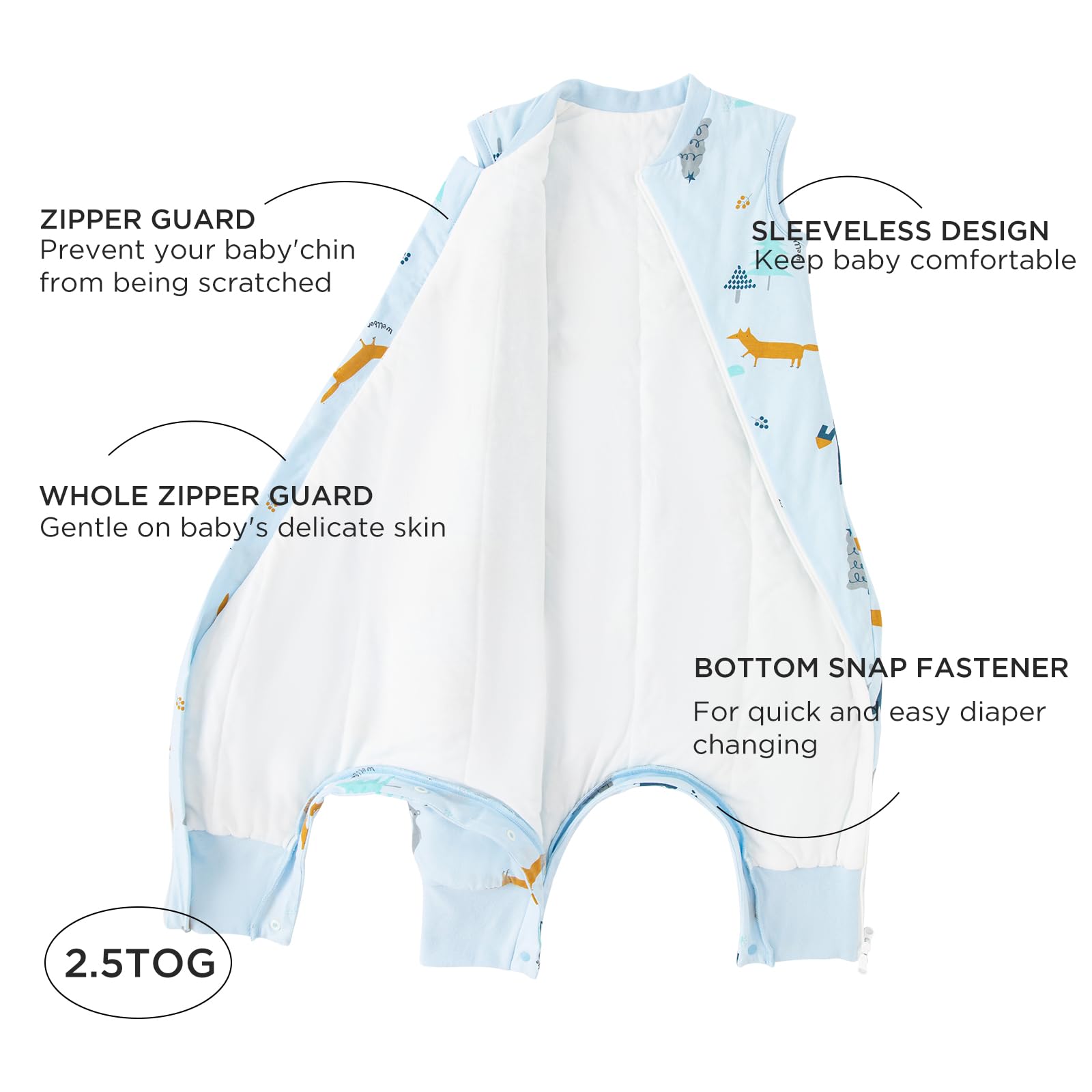 Duomiaomiao 2.5 TOG Toddler Sleep Bag 12-24 Months 100% Cotton Winter Side Open Zipper Baby Sleep Sack with Feet, Warm Toddler Wearable Blanket