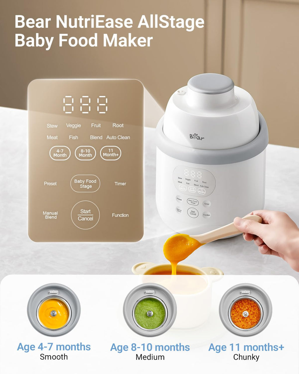Bear Stainless Steel Baby Food Maker Processor, NutriEase 3-Stage Texture
