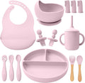 LITTLE RAWR Silicone Baby Feeding Set 14 Pcs,Baby Led Weaning Supplies, Baby Spoons Suction Bowl Divided Plate Bib Cup Finger Brush,First Stage Solid Food Eating Utensils - 6+ Months(Light Pink)