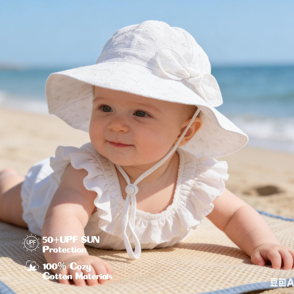 Baby Girl Sun Hat with UPF 50+ Outdoor Adjustable Beach Hat with Wide Brim Bucket Hats (2-3岁) Beige White