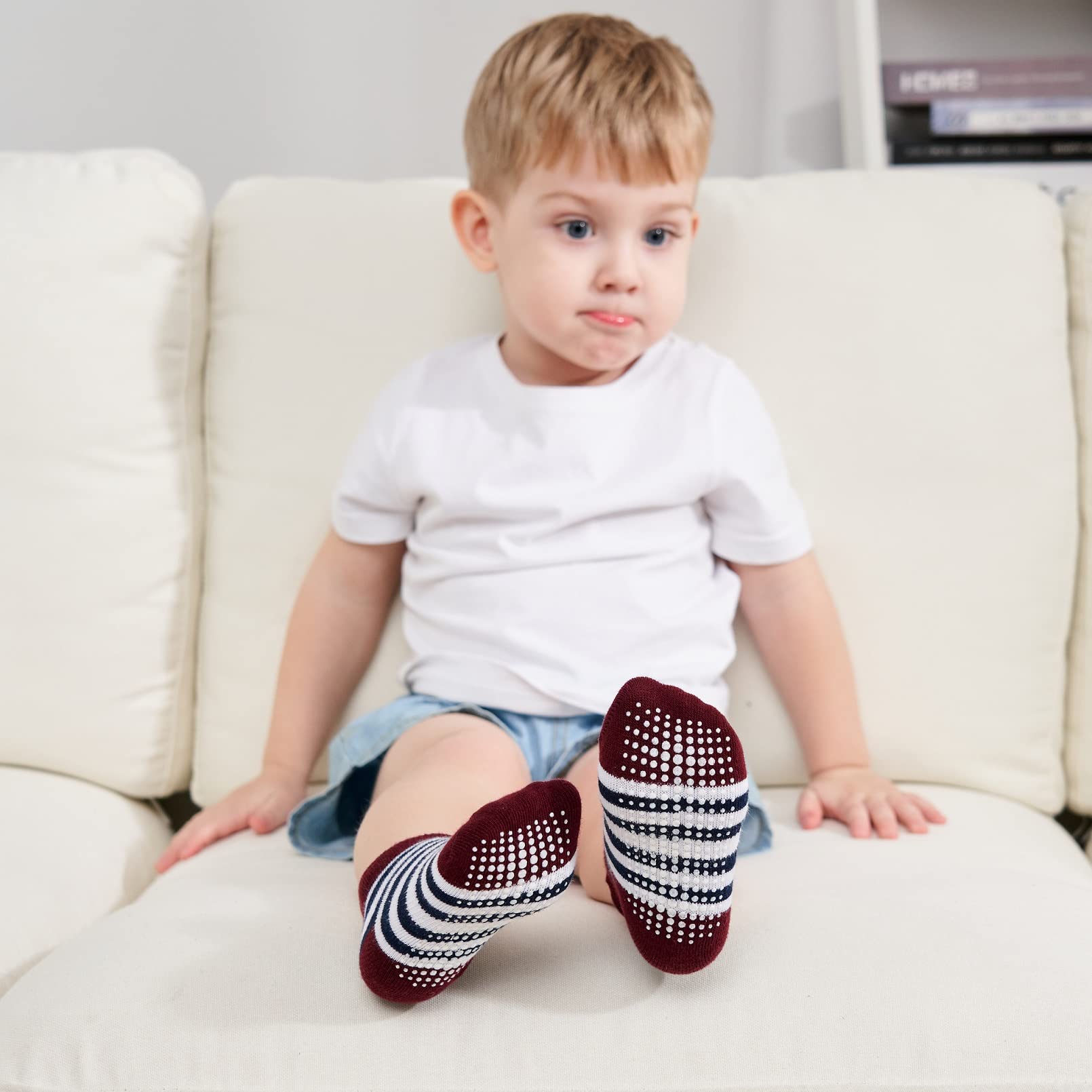 ZAPLES Baby Boys Non Slip Grip Ankle Socks with Non Skid Soles for Infants Toddlers Kids, 12 Pairs, Stripes Assort, 8-10 Years