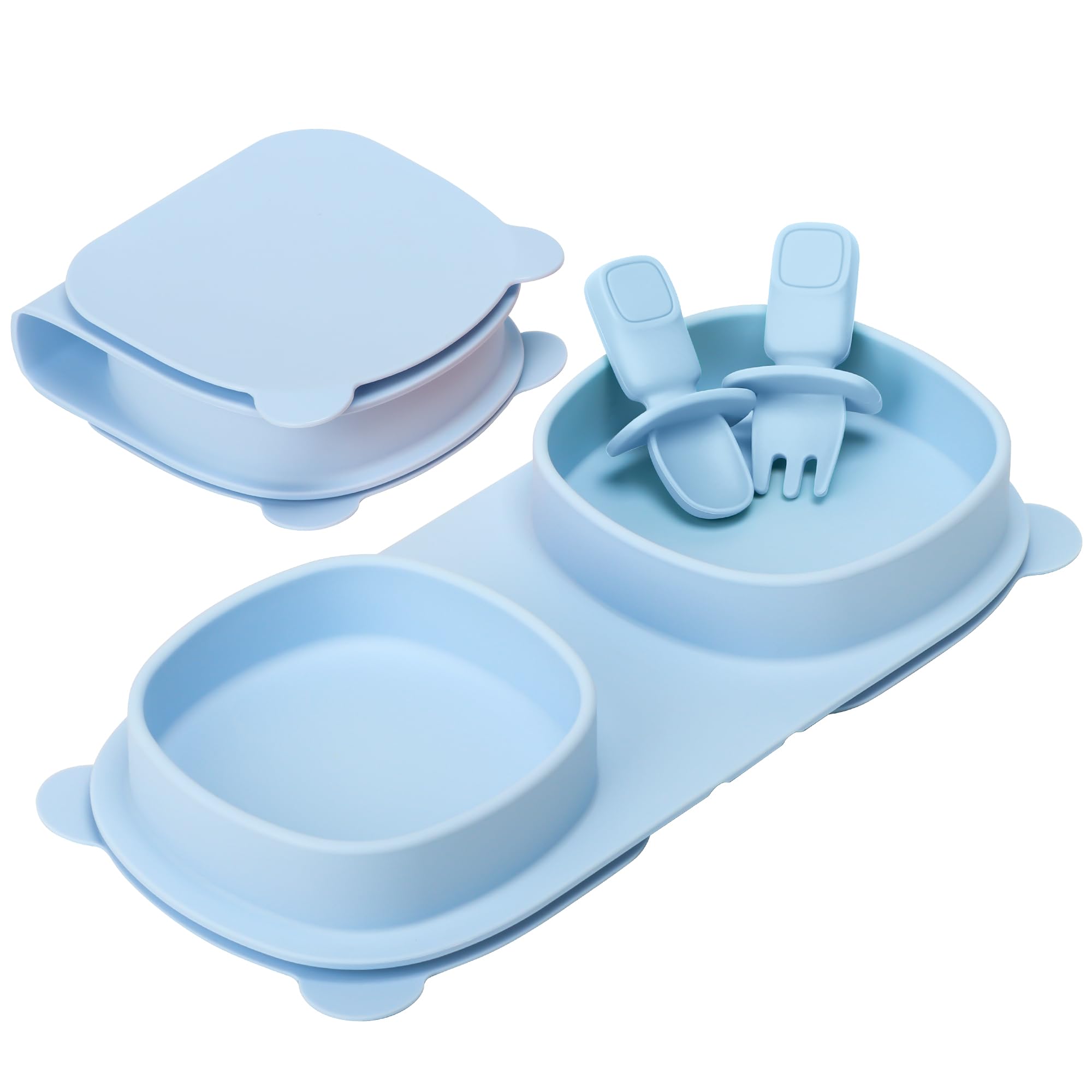 yahaa Foldable Baby Plates with Suction with Forks and Spoons, Baby Blue