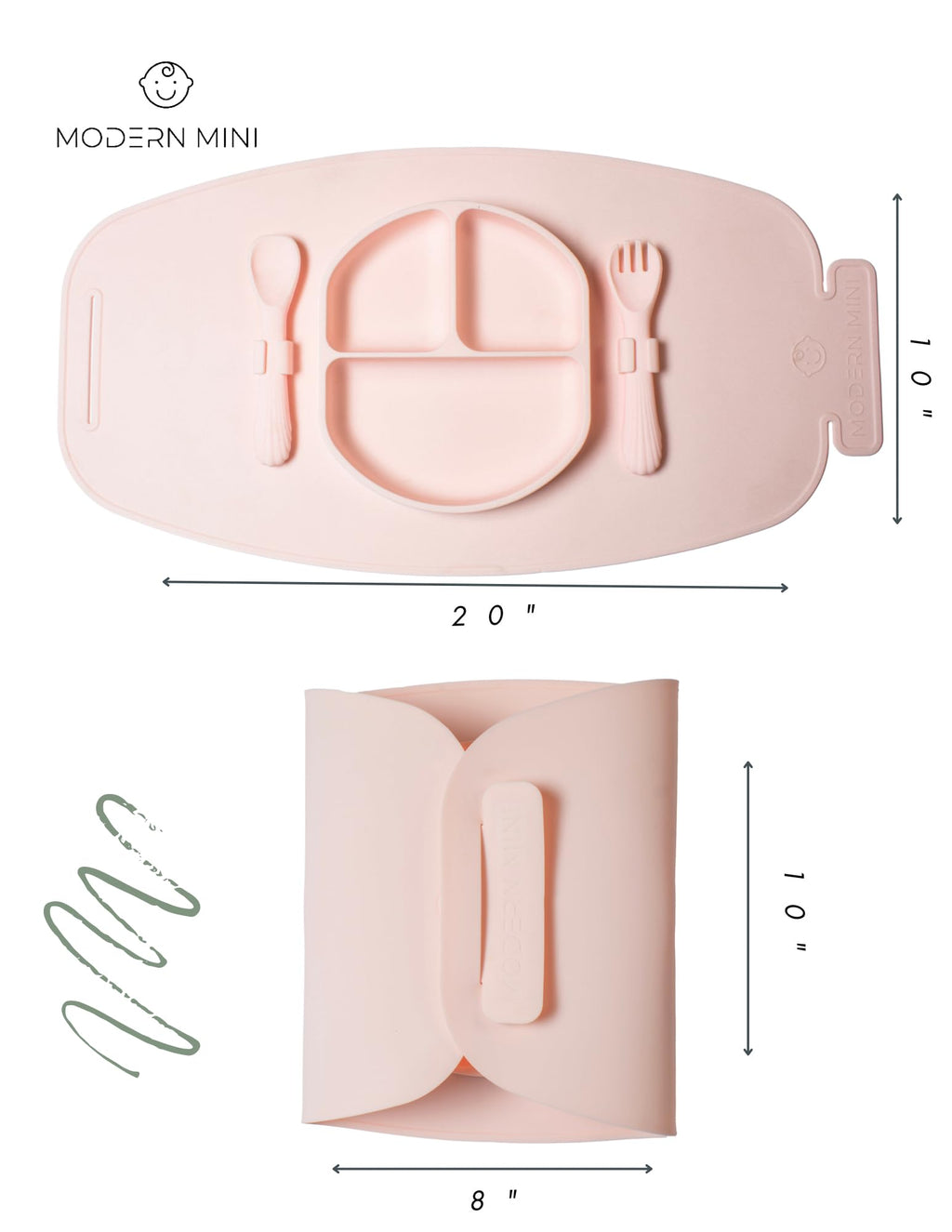 Modern Mini - Silicone Suction Plate for Baby and Toddler, Divided Plate with Fork & Spoon - Unbreakable, Non-Toxic, Food Grade Silicone, Strong Suction Grip, Spill Proof, & Foldable for Travel!
