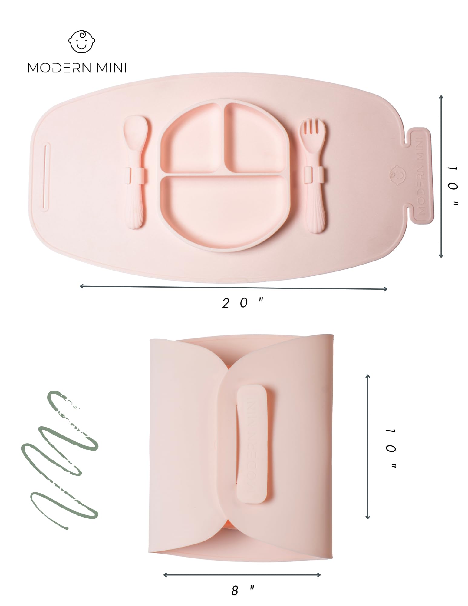 Modern Mini - Silicone Suction Plate for Baby and Toddler, Divided Plate with Fork & Spoon - Unbreakable, Non-Toxic, Food Grade Silicone, Strong Suction Grip, Spill Proof, & Foldable for Travel!