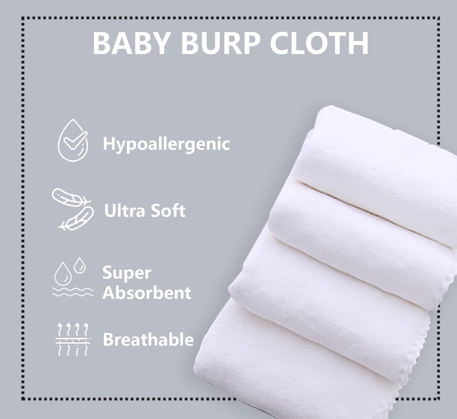 Spotted Play 8 Pack Large Burp Cloths for Baby - 20" by 10" Ultra Absorbent Burping Cloth, Baby Washcloths, Newborn Towel - Milk Spit Up Rags - Burpy for Unisex, Boy, Girl - Burp Cloths Set(White)