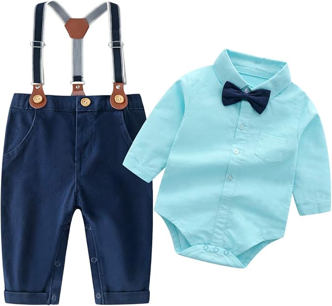 Boarnseorl Baby Boys Pants Sets,Toddler Gentleman Outfits, Infant Long Sleeve Shirt + Pants + Bow Tie + Suspenders