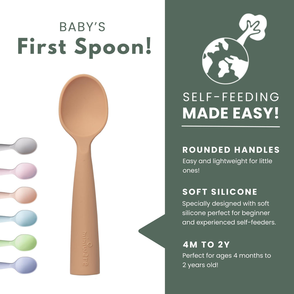 Miniware Silicone Baby Spoon for Training - BPA Free Baby Utensils - Baby Spoons Self Feeding 6 Months | 100% Food Grade Silicone - Modern & Dishwasher Safe Toddler | Dishwasher Safe (Grey and Toffee)