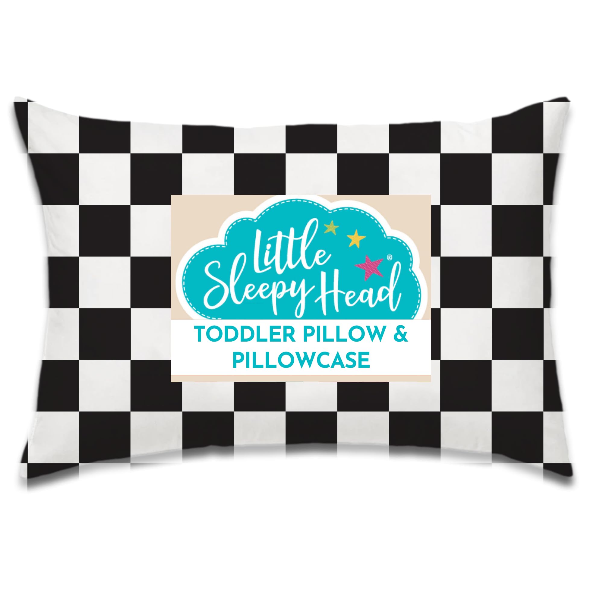 Toddler Bed Pillow with Cotton Pillow Case – 13x18 Kids Pillows for Sleeping, School, Travel & Daycare – Hypoallergenic Toddler Pillow 2 Year Old to 5 with Envelope Pillowcase (Checkers Black)