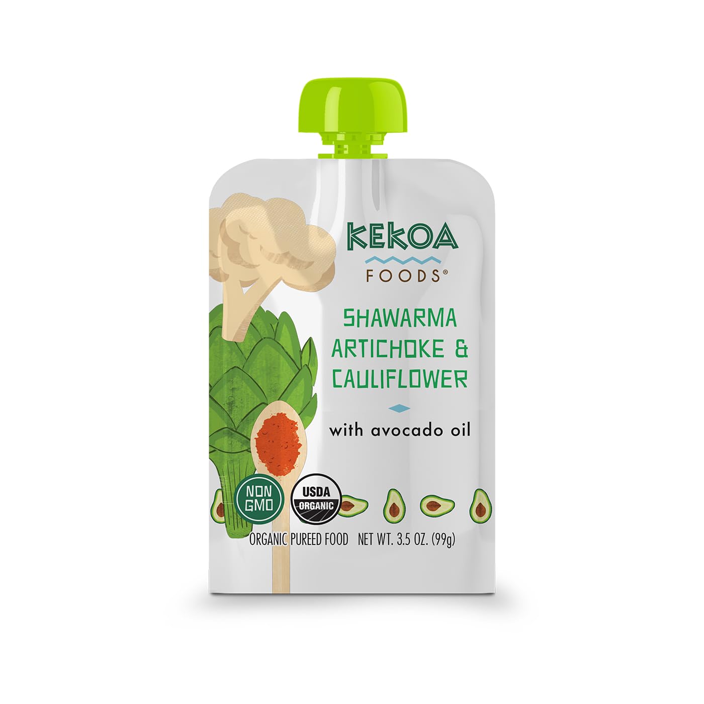 Kekoa Foods Shawarma, Artichoke & Cauliflower Baby Food Purée | 100% USDA Certified-Organic Vegetarian Squeeze Pouch | Organic, Non-GMO, Gluten-Free, Vegan | Nutritious First Food for Babies | 3.5 oz