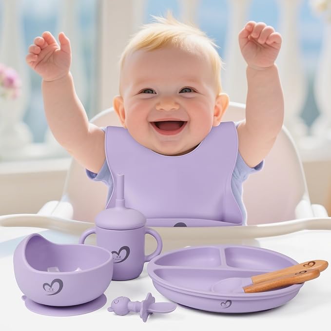 Silicone Baby Feeding Set Essentials,13 Pcs,Baby Led Weaning Supplies, Baby Spoons Suction Bowl Divided Plate Bib Cup Finger Brush,First Stage Solid Food Eating Utensils - 6 Months + (Blue Gray)