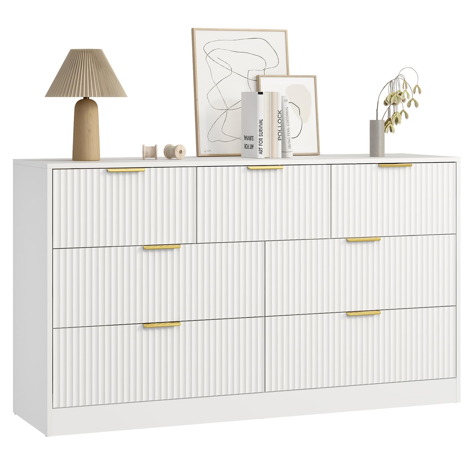Sscaktu 7 Drawer Fluted Dresser with Deep Drawers for Bedroom, White丨55 Wide Mid Century Dresser, Modern Chest of Drawers, Wood TV Stand Storage Organizer for Closet, Living Room, Hallway