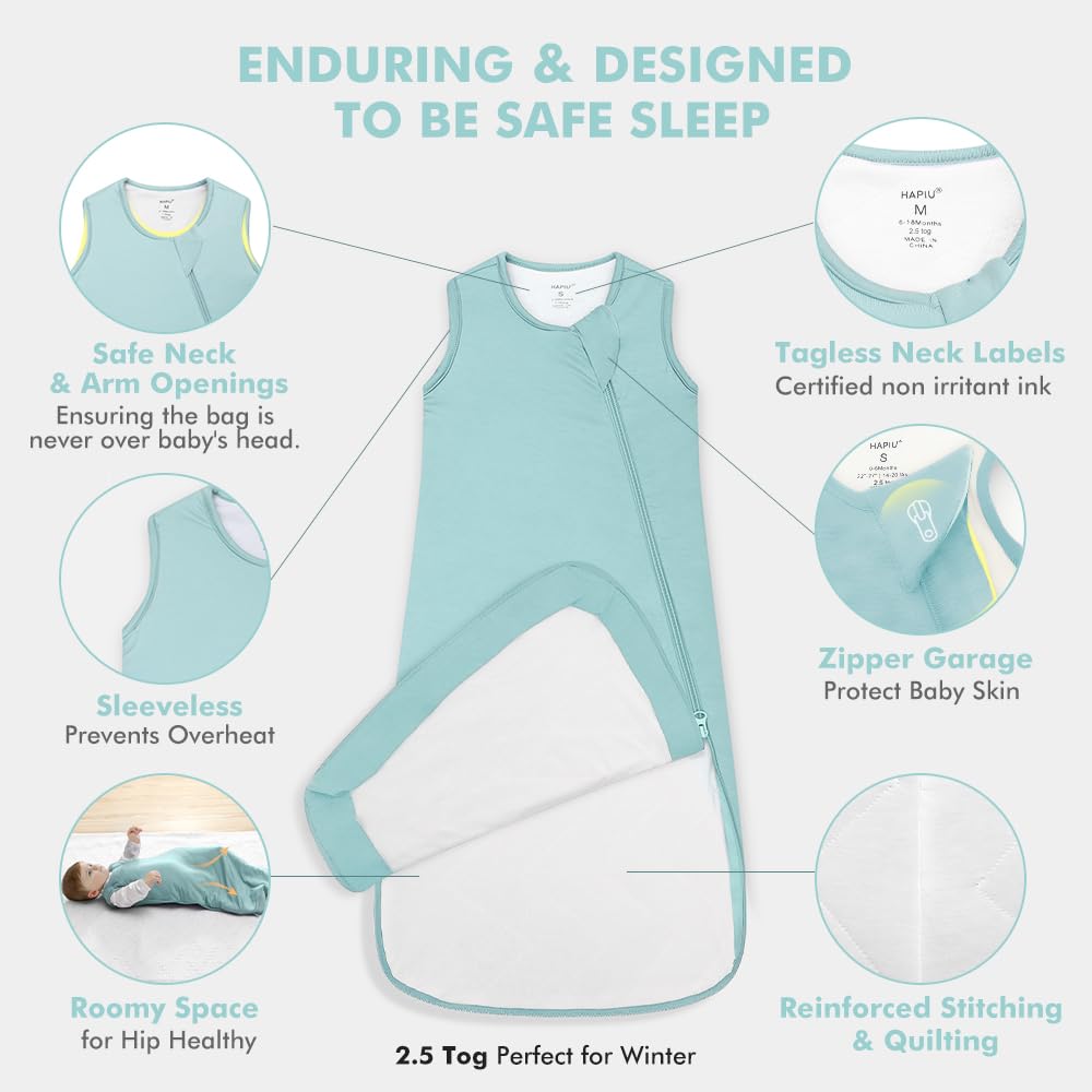 HAPIU Rayon Made from Bamboo Winter Baby Sleep Sack 2.5 TOG, 2-Way Premium Zipper, Warm Quilted Wearable Blanket Baby Infant Toddler, 18-36 Months, Sage