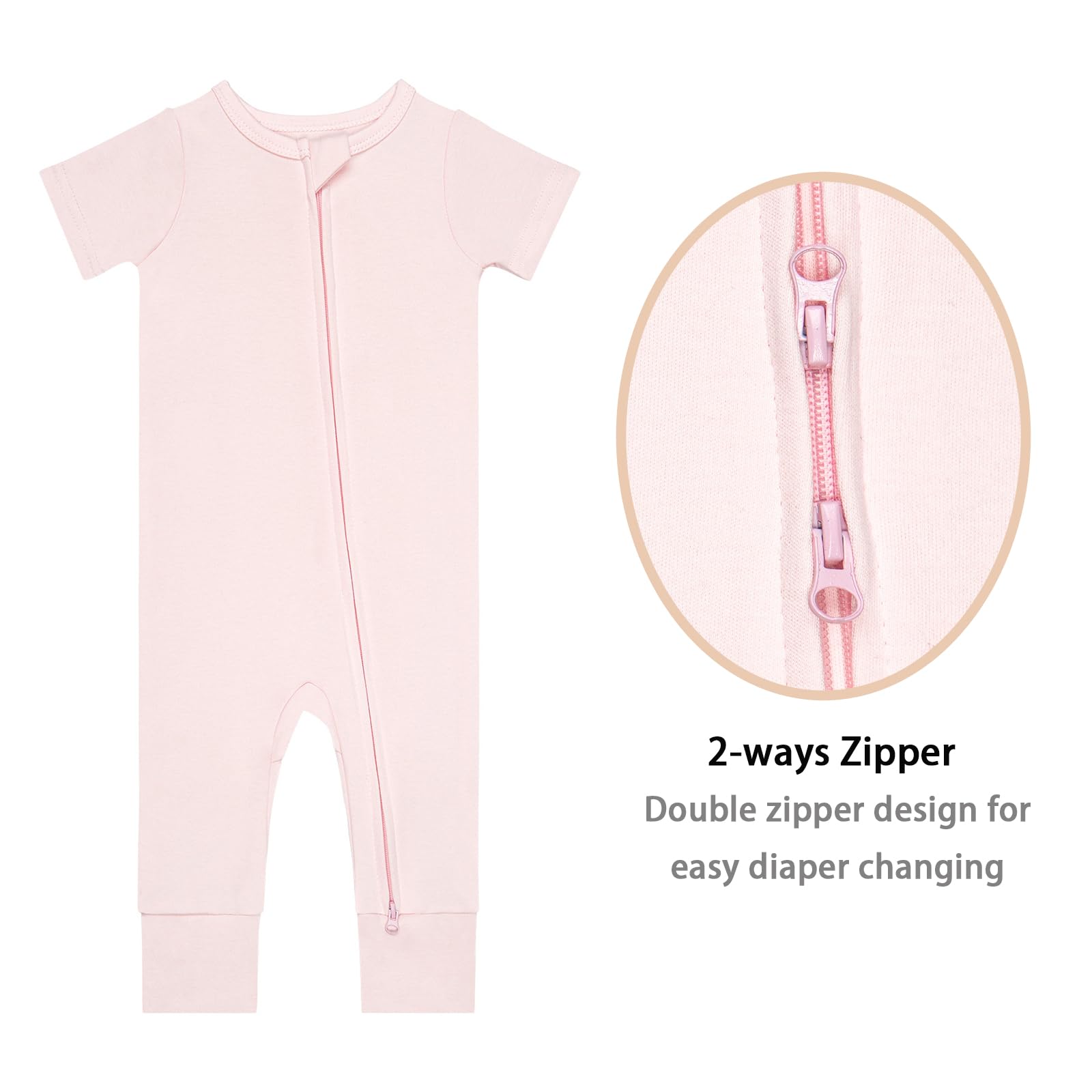 GUISBY Baby Cotton Footless Zipper Pajamas, Pale Pink+Light Purple, 18-24M