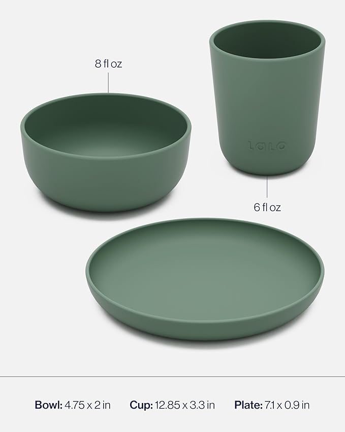 Lalo Big Bites Kids Dinnerware Full Set - Dishwasher Safe, BPA Free, Kids Tableware Set - Includes Stackable Bowl, Plate, Utensils & Cup - 7 Pieces - Olive