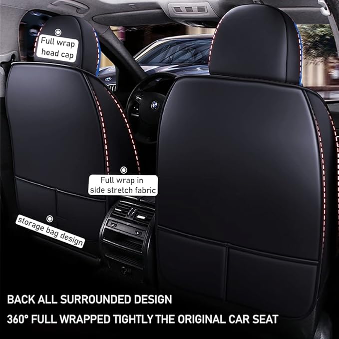 Luxury 2 Seats Car Seat Covers Protectors for Suzuki 1999-2025 95% Models, Back Storage Bag Design & Headrest Pillow & Lumbar Support Black & Blue Line