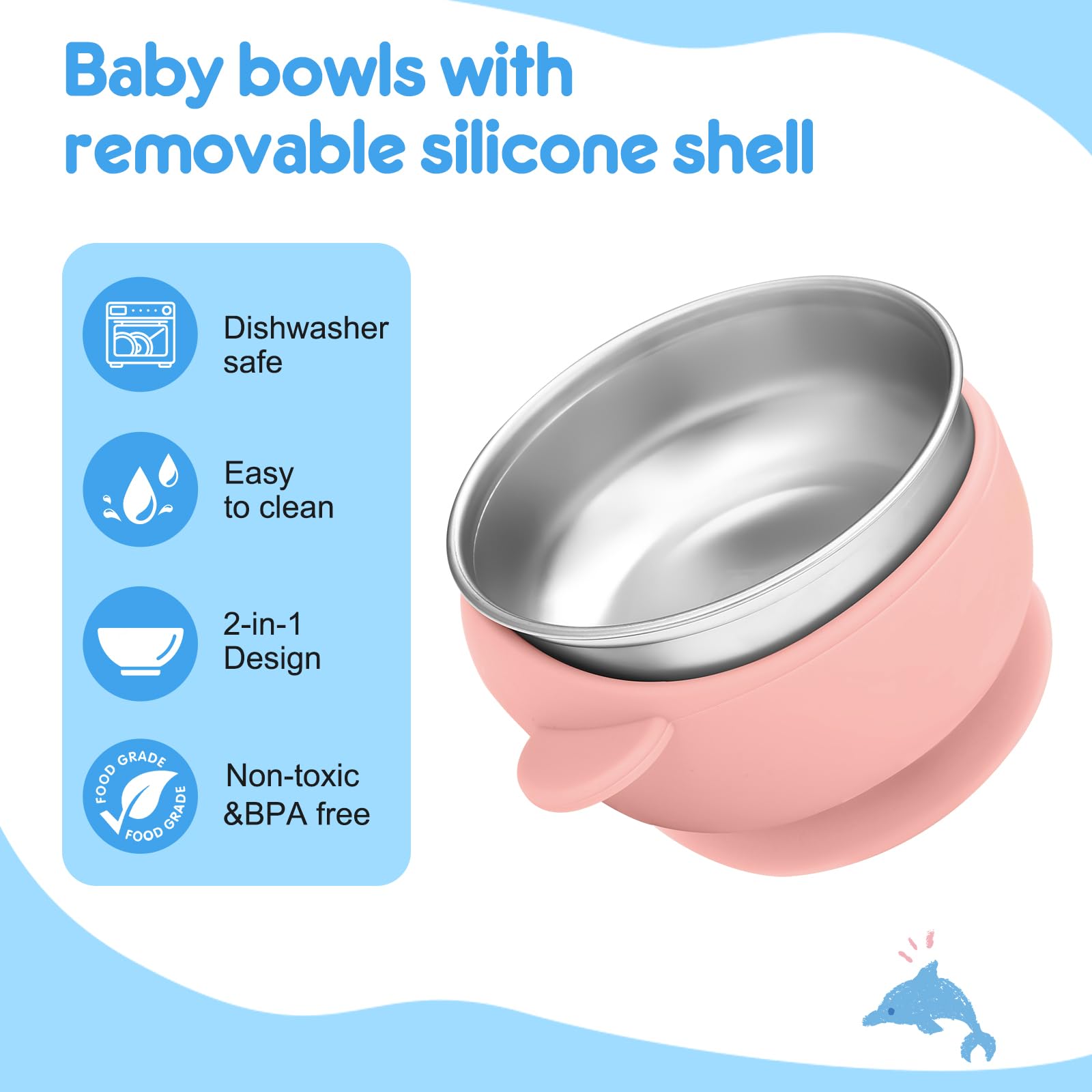 Wesketch 2 Pack Stainless Steel Baby Bowls with Removable Non-Slip Silicone Suction Shell, Anti Scald Food Container for Baby Food Feeding, Forks + Spoons Included-Blue & Pink