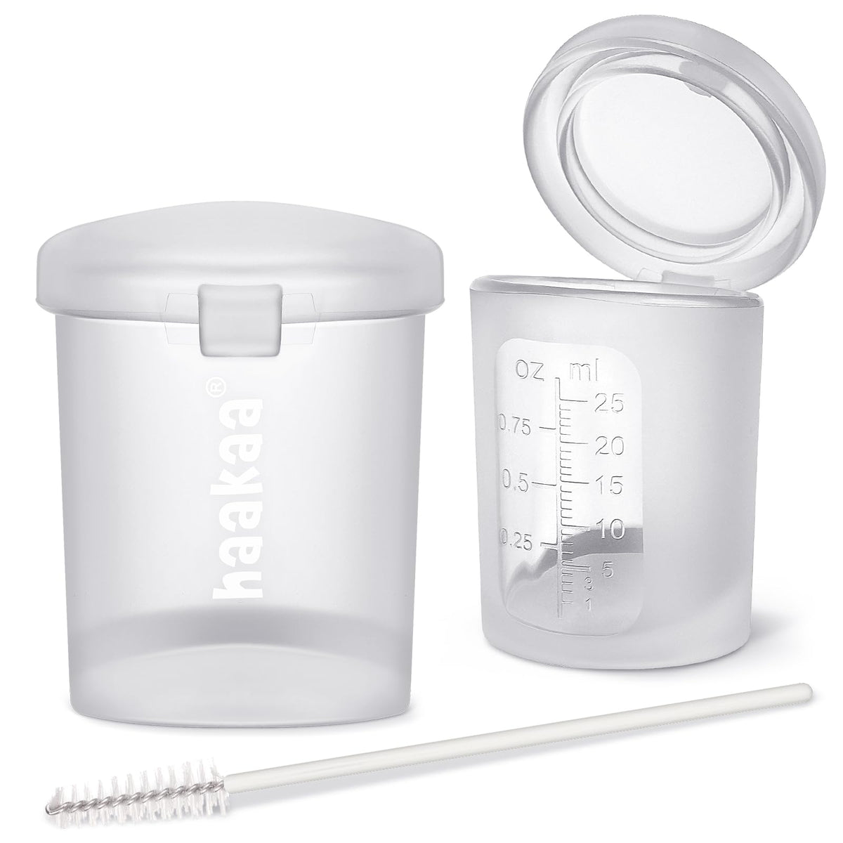 haakaa Silicone Measuring & Feeding Lidded Cup(pre-sterilised)-25ml-2pcs, 3-in-1 Colostrum Collection Cup for Collect, Store & Feed, Premium Silicone Maded, with Tube Cleaning Brush