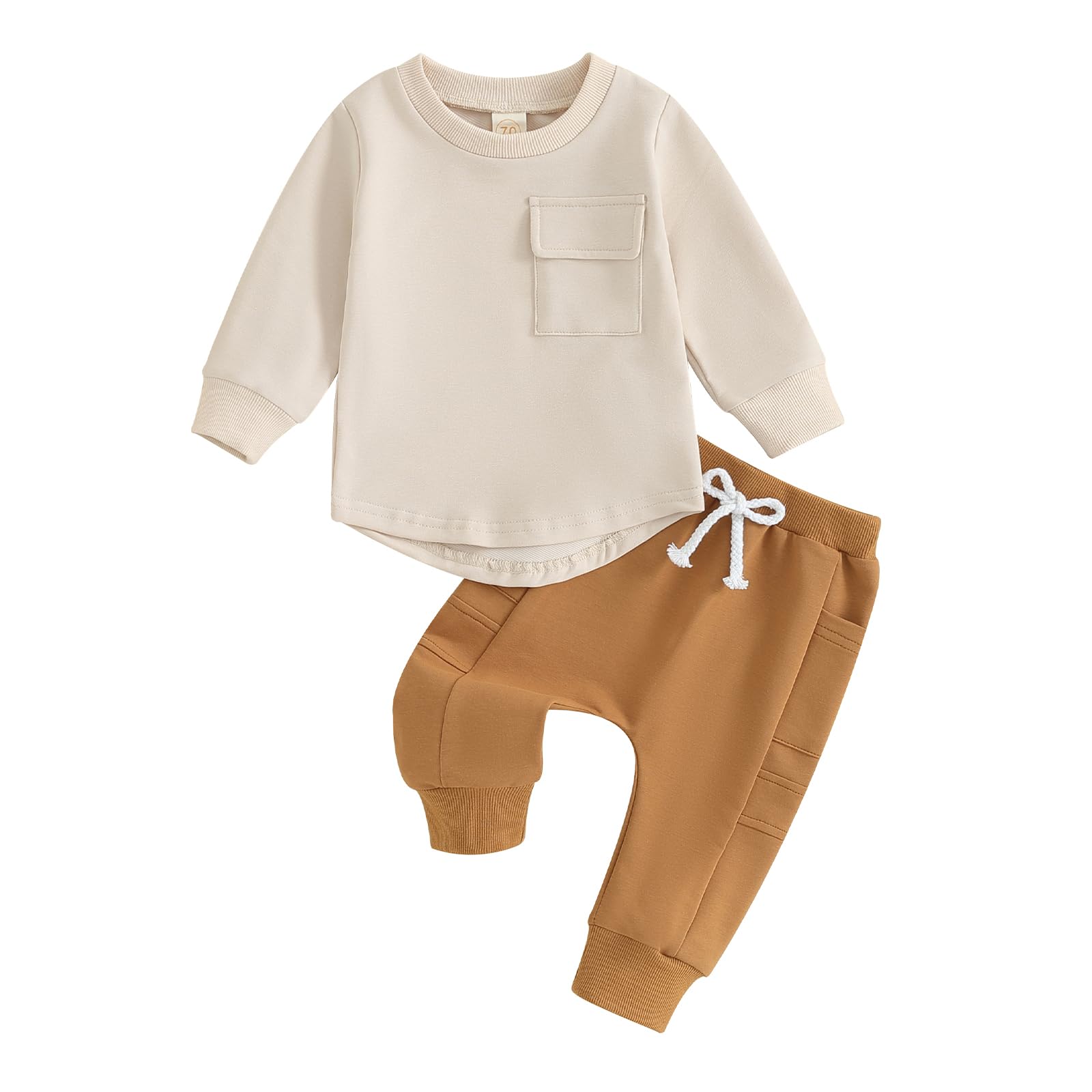 Kuriozud Toddler Baby Boy Clothes Crewneck Pullover Sweatshirt with Pocket Jogger Pants Set Fall Winter Outfit (Pocket Apricot, 2-3T)