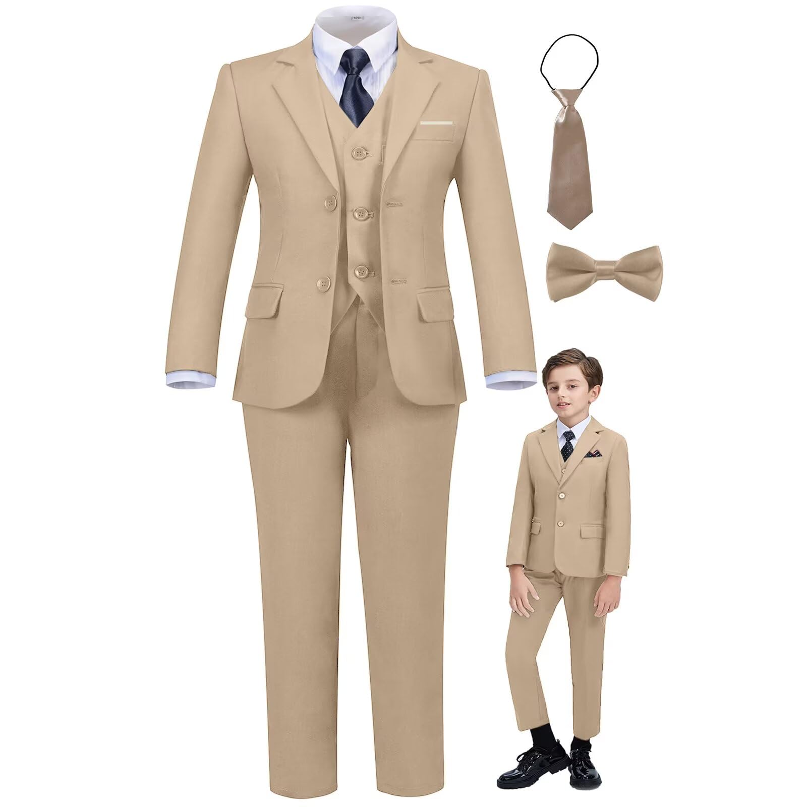 Fxzpiodi Suit for Boys Slim Fit Wedding Outfit Suit Size 2-20 Kids 6 Piece Tuxedo Solid Formal Dresswear of Jacket Vest Pants Shirt and Tie Khaki 14