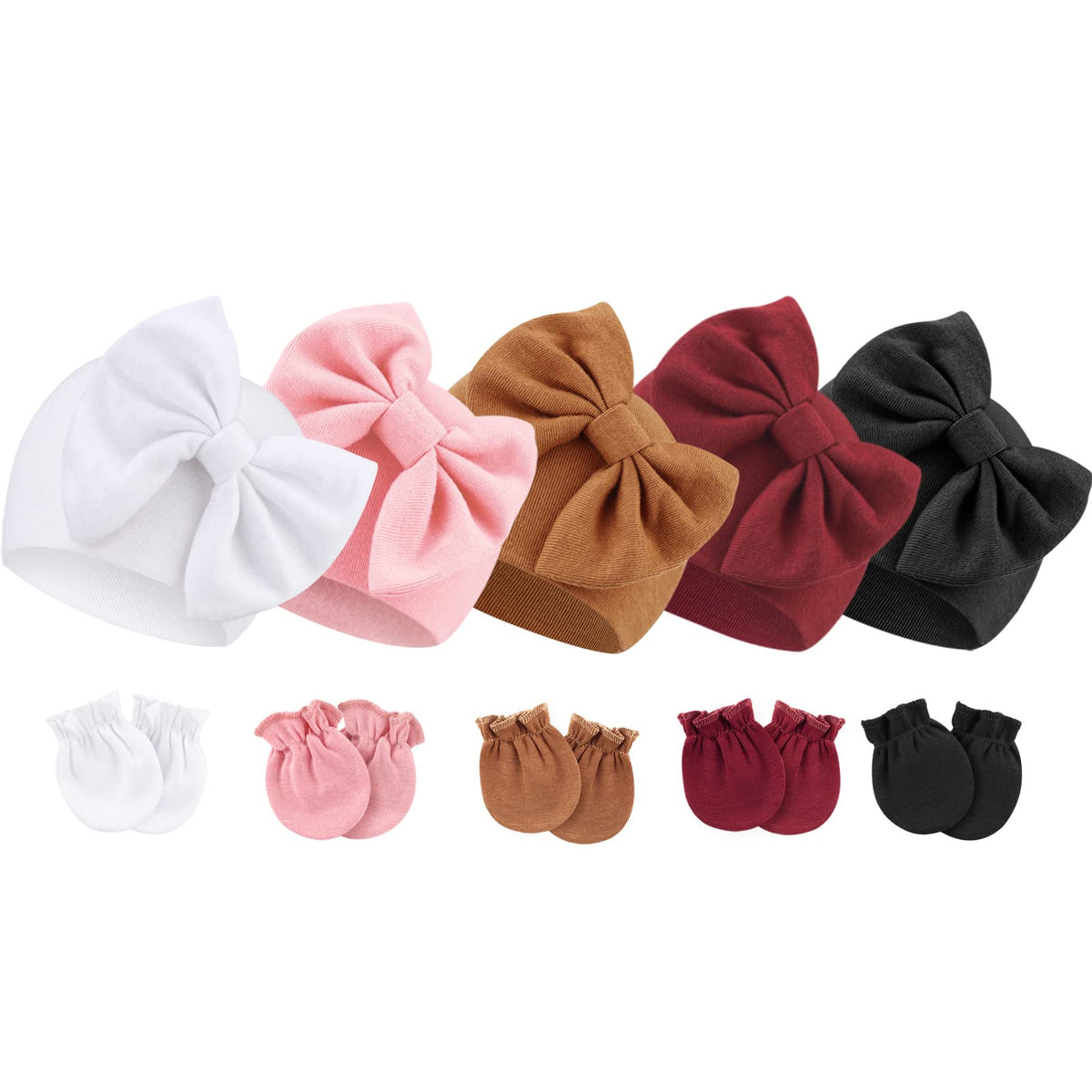 BQUBO Newborn Baby Girls Hats Mittens Set Hospital Hat Beanie Infant Bow Hats Baby Cotton Gloves No Scratch Mittens for 0-6 Months